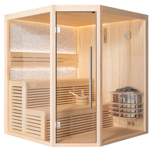 Sauna E1811 und B1811 Pinienholz mit Steinwand